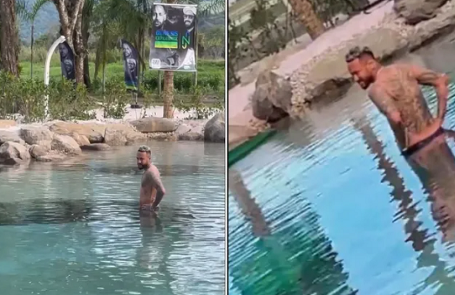 Mesmo com interdição, Neymar mergulha em lago de sua mansão