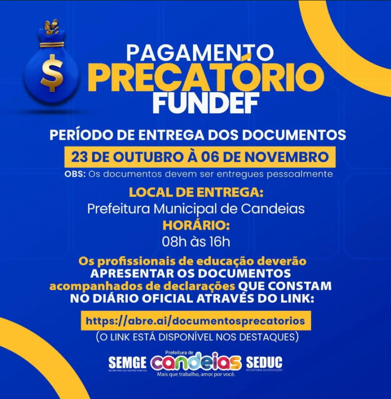 Candeias: Profissionais com direito ao precatório do Fundef são convocados para entrega de documentos