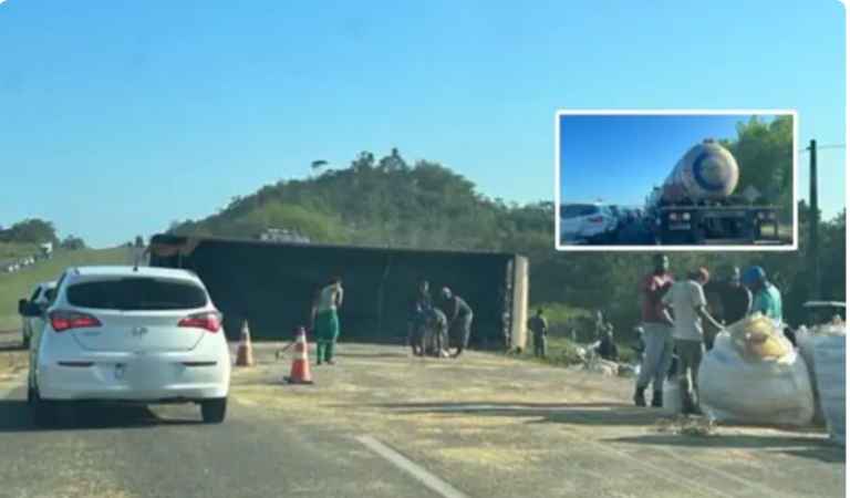Motorista de caminhão perde controle e veículo tomba na BR-324