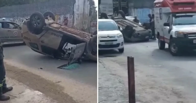 Viatura da Polícia Militar é atingida por veículo e capota em Salvador