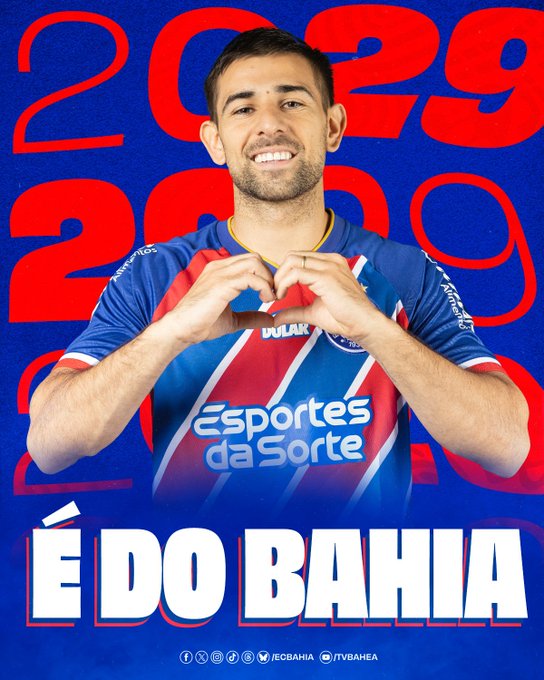 Bahia anuncia compra de Nicolás Acevedo junto ao New York City; novo contrato vai até 2029