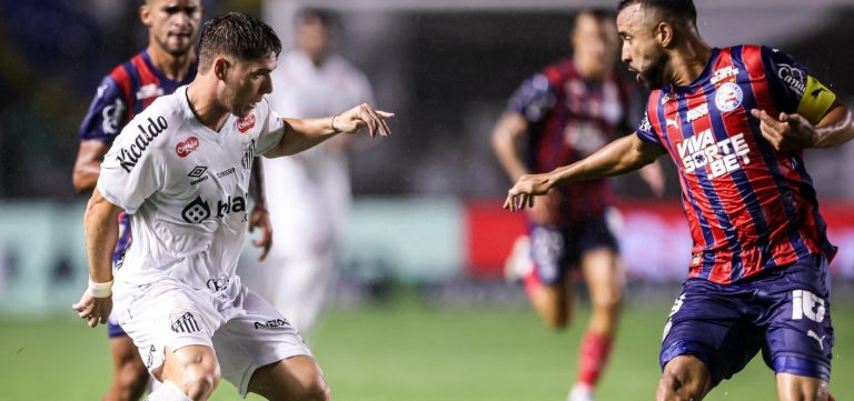 Bahia sai na frente, sofre virada, mas arranca empate com o Santos pelo Brasileirão