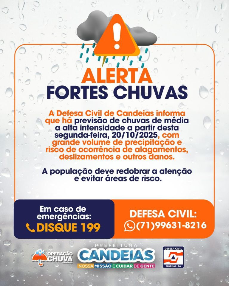 Candeias: Defesa Civil faz alerta de chuva forte a partir de segunda (20)