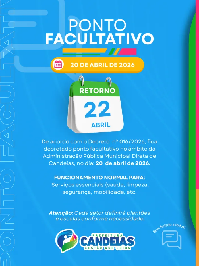 Candeias: Servidores terão ponto facultativo na véspera do feriado de Tiradentes